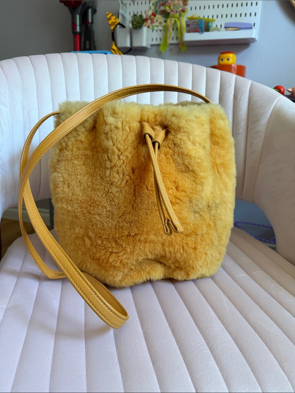 Cozy Mustard Shearling Bucket Mini Bag with Drawstring